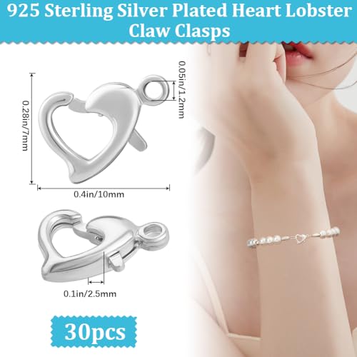 Beebeecraft 1 Box 30Pcs Heart Lobster Clasps 925 Sterling Silver Plated Brass Lobster Claw Jewelry Bracelet Clasps Connector with Jump Ring for DIY Craft Jewellery Making - color: Silver