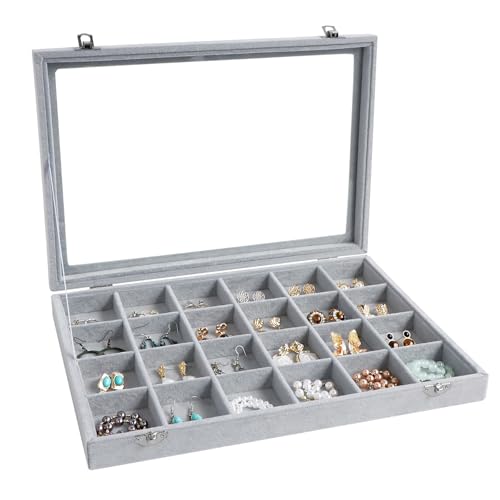 Wudygirl Jewelry Organizer Velvet Jewelry Tray 24 Grid Jewelry Box Earring Holder Organizer Removable Display Case Organizer Glass Top Lid & Lock (24 Grid) - style: 24 Grid Tray