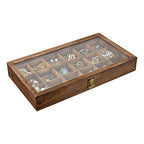 MOOCA Wooden Jewelry Display and Beads Display Storage Case with Tempered Glass Lid , 18 Compartments, 15" W x 8 3/8" L x 2 1/8" H, Brown Color - color: Brown
