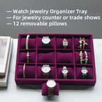 Jewelry Watch Tray, Purple Velvet Watch Jewelry Organizer 12 Grid, Stackable Watch Bracelet Bangle Display Holder, Adjustable Pillows, for Man Woman Show Birthday - color: Purple
