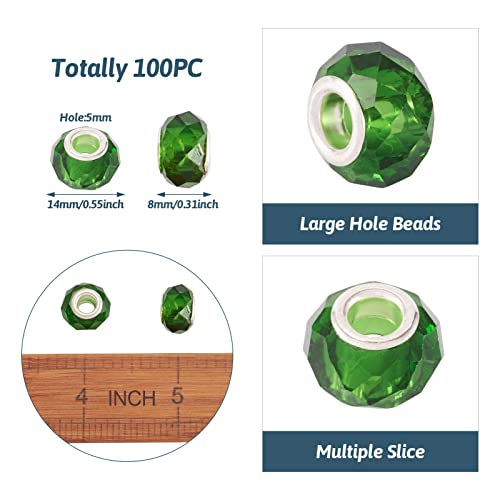 100pcs Green Glass Beads 14mm Large Hole European Beads Christmas Green Lampwork Loose Spacer Bead for Bracelet DIY Craft Necklace Earring Making Hole: 5mm - color: Dark Green