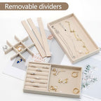 Set of 4 Stackable Jewelry Organizer Trays, Jewelry Drawer Organizer Inserts with Removable Dividers, Jewelry Display Tray Storage for Earring Ring Necklace Bracelet (Beige)