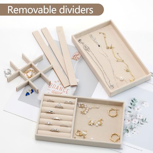 Set of 4 Stackable Jewelry Organizer Trays, Jewelry Drawer Organizer Inserts with Removable Dividers, Jewelry Display Tray Storage for Earring Ring Necklace Bracelet (Beige)