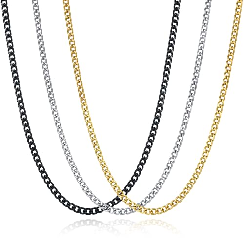 3 Pcs Cuban Link Chain Necklace for men, 4mm Stainless Steel Silver Black and 18K Gold Plated Chains Necklace men Women, 18"/22"/26"/30 Inches - size: 30 Inches
