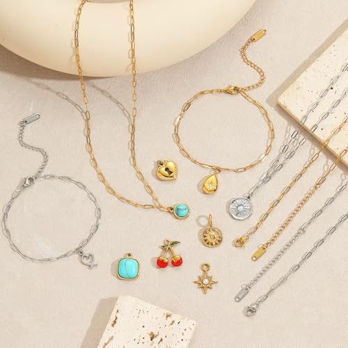 20 PCS Paperclip Chain Bracelet Necklace Kit Stainless Steel Charm Bulk Chains with Extender for DIY Jewelry Making Supplies Accessories (Gold + Steel - color: 2.5x6.5mm Gold Silver