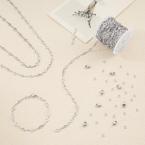YOUBEIYEE 13 Feet Stainless Steel Jewelry Making Chains Rhombic Clover Link Chain for Women Necklace DIY Chains Bulk - color: Clover Rhombic Silver