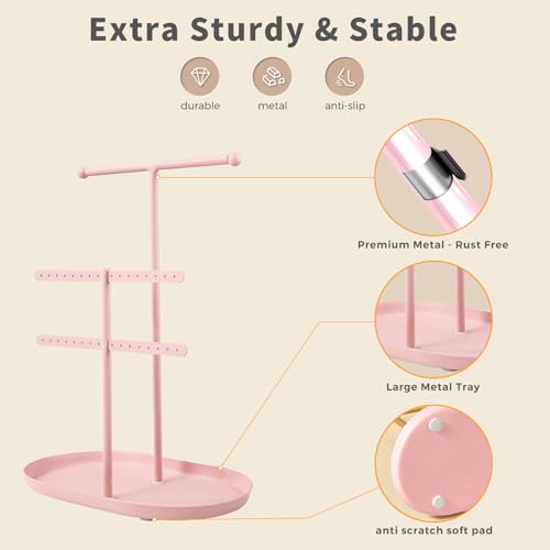 Saydear Elegant Jewelry holder Organizer 2-Tier Display Storage Stand for Earrings Necklaces with Ring Tray Spacious and Durable, Easy to Assemble Pink - color: Pink