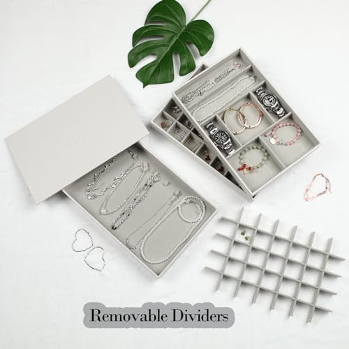 EZDeco Jewelry Organizer Tray with Lid,Extra Large Set of 4 Jewelry Trays for Drawers Stackable Jewelry Holder Inserts PU Leather Jewellery Storage for Ring Earring Necklace Bracelet for Mom(Grey)