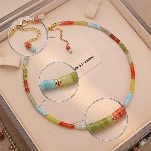 Handmade Natural Gemstone Beaded Necklace for Women, Cultured Freshwater Pearl Choker with Adjustable Extension Chain, Boho Healing Crystal Jewelry Collection - color: e Colorful
