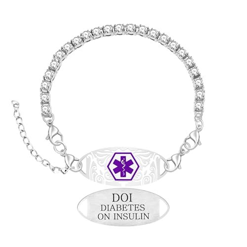 Women's Medical ID Bracelet with White Zircon Tennis Chain, Interchangeable Engraved Plate, Adjustable Lobster Clasp, Lightweight, Hypoallergenic, for Running, Outdoor, Daily Wear - color: Purple-DIABETES ON INSULIN