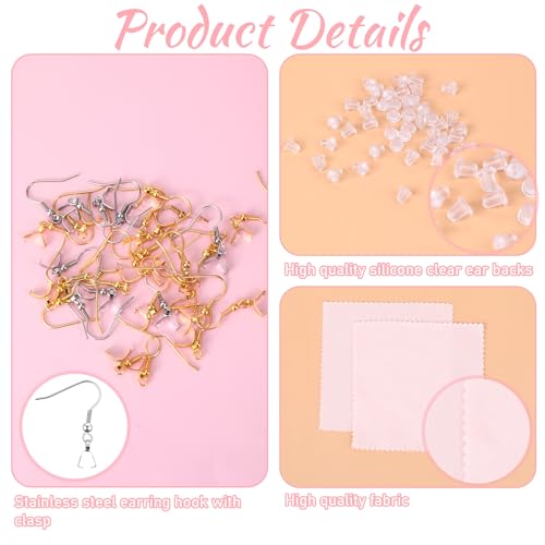 Stainless Steel Earring Hooks 100 Pieces DIY Earrings Making Kit, 50 Silver and Gold Earrings Hooks with 50 Clear Silicone Earring Backs and 2 Polishing Cloth for Jewelry Making