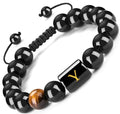 FRG Initials Bracelets for Men Letter Link Handmade Natural Black Onyx Tiger Eye Stone Beads Braided Rope Meaningful Bracelet - style: Braided rope-Y