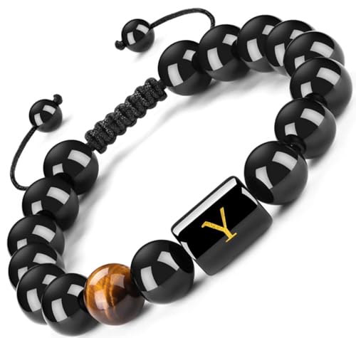 FRG Initials Bracelets for Men Letter Link Handmade Natural Black Onyx Tiger Eye Stone Beads Braided Rope Meaningful Bracelet - style: Braided rope-Y