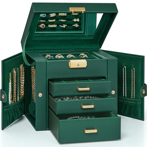 AKOZLIN 4-Tier Jewelry Box Leather Jewelry Storage Organizer with 3 Drawers Lockable for Women Girls Ring Necklace Earring Bracelet Holder with Mirror Forest Green - color: Forest Green, size: Regular-4 Layer