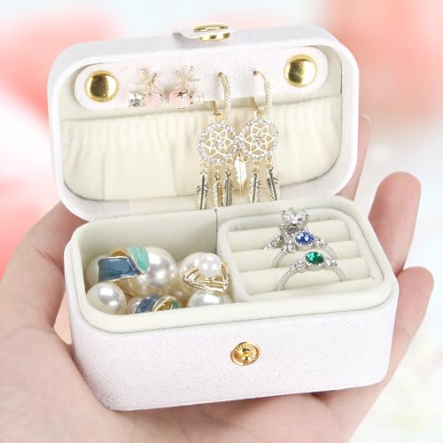KUKUVR Small Travel Jewelry Box, Mini Jewelry Holder for Multiple Rings Necklace Earrings Lipstick, Portable Jewelry Storage Organizer Case with Removable Ring Slot (WHITE) - color: WHITE