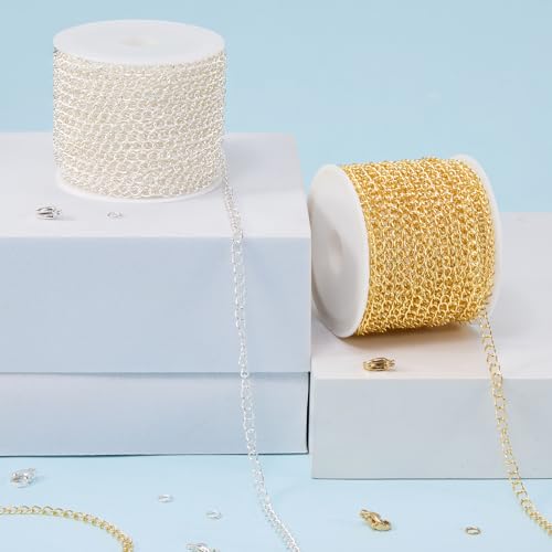 Kyutong 2 Rolls Gold and Silver Extender Chain for Jewelry Making 3MM Wide Curb Links Stainless Steel Necklace Chains Spool on Bulk with Lobster Clasps Jump Rings Jewelry Supplies for Crafts DIY - color: Curb Chain