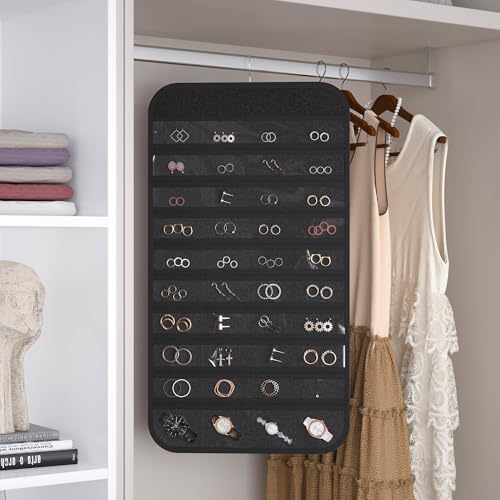 1 Pack Hanging Jewelry Organizer 80-Pocket Dual-sided Jewelry Storage for Earring Necklace Bracelet Ring Travel Holder, Black - color: Black