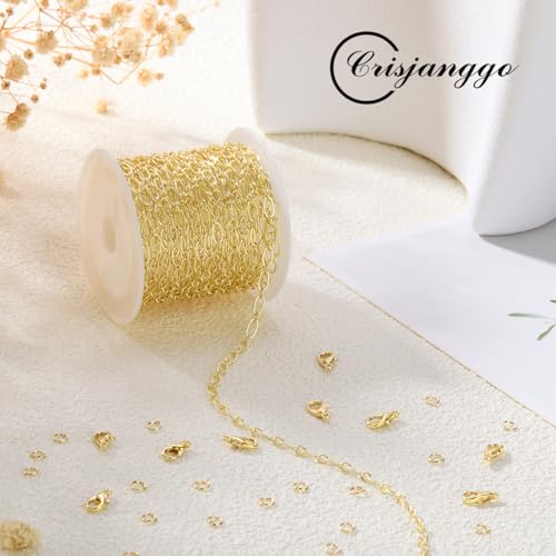 Crisjanggo 16 feet 14K Gold-Plated Brass Jewelry Making Chains Permanent Necklace Chains Roll for Jewelry Making with Jump Rings and Lobster Clasps - color: Oval Gold