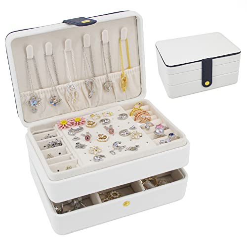 KOOAAICCHI Small Jewelry Box, Travel Jewelry Organizer, Portable Jewelry boxes for Women Girls Gift, Double Layers PU Leather Jewelry Holder for Rings, Earrings, Necklaces-White - color: JS-White