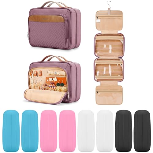 Travel Hanging Toiletry Bag for Women and Men, with 8 Leak Proofing Silicone Bottle Covers, Waterproof Makeup Accessories, Cosmetic Essentials, Toiletries Dopp Kit Set with Jewelry Organizer, Purple - color: Dark Purple, size: Medium*1 + Leak Proofing Bot