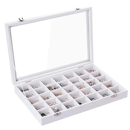 Frebeauty Velvet Jewelry Tray,35 Grid Jewelry Organizer with Clear Lid,Earring Holder Organizer Case with Clasp,Drawer Insert for Rings Studs,13.8 x 9.5 x 2 Inches,Gift for Women Girls(White) - color: White, size: 35 Grid