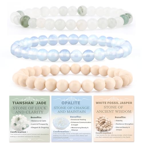2/3-Pieces 4mm 6mm 8mm Natural Crystal Gemstone – Handmade Reiki Energy Healing Stretch Bracelets Jewelry for Yoga, Meditation, Unisex - color: 3 Pieces (Opalite&TianshanJade&WhiteFossilJasper), size: 6mm