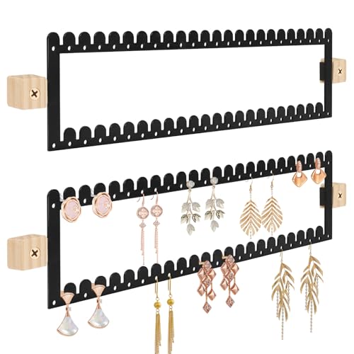 2 Tier Earring Holder Organizer Wall Mounted,2PCS Metal Earring Display Storage with 96 Holes and 92 Grooves Hanging Jewelry Organizer Tree for Stud/Hoop/Dangle Earrings Necklace(Black) - color: Black