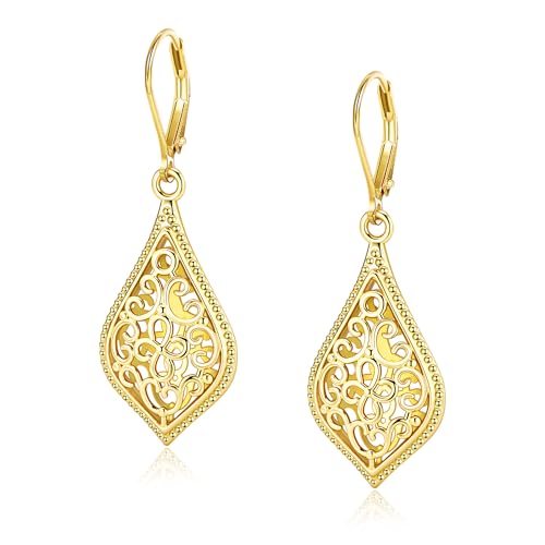 925 Sterling Silver Dangle Earrings for Women, 14K Gold Plated Filigree Dangling Leverback Earrings, Geometric Hypoallergenic Lightweight Dangly Drop Earings for Women Trendy Jewelry Gifts - color: C-14K Gold