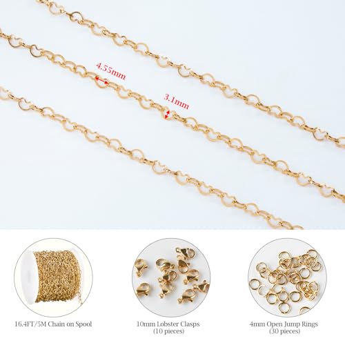 KYUNHOO 16.4 Feet Hollow Heart Chain Links on Roll Gold Plated Stainless Steel Chains Bulk for Jewelry Making with Lobster Clasps Jump Rings Jewelry Connectors - color: Heart Gold