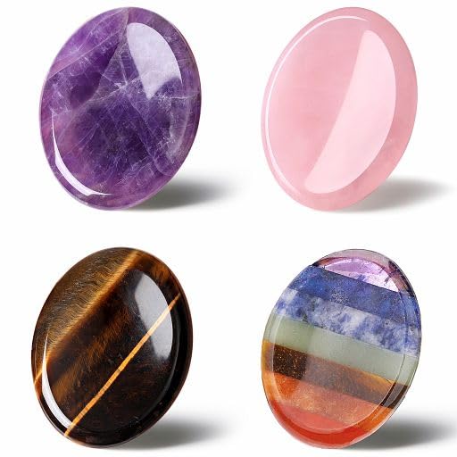 YATOJUZI 4PCS Thumb Worry Stone Sets Oval 7 Chakra Amethyst Rose Quartz Tiger’s Eye Hand Carved Natural Crystals Stones Palm Pocket Reiki Energy Gemstones for Meditation Anxiety Stress Relief Therapy - color: 1-4pcs, size: Oval