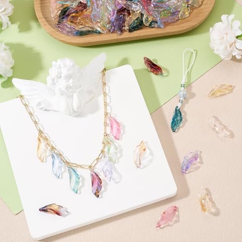 Beadthoven 144Pcs 12 Colors Glass Leaf Beads Mixed Transparent Gold Foil Feather Leaf Bead Charm Colorful Long Leaves Plant Spacers for Necklaces Earrings Key Chains DIY Jewelry Making - color: Feather Leaf Gold Foil
