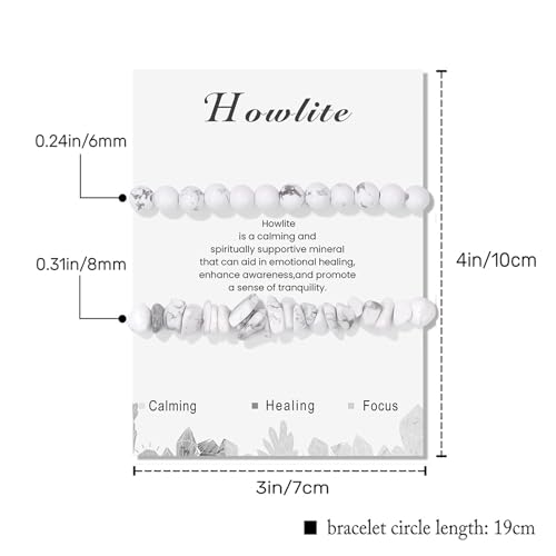 Healing Crystal Bracelets for Women 2 PCS 6mm Natural Stone Bracelet Stretch Crystal Beaded Bracelets Handmade Gemstone Bracelet Jewelry Gifts Christmas Gifts for Women Girls - style: howlite