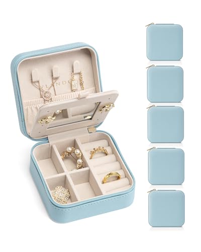 VLANDO Travel Jewelry Box, Small Jewelry Travel Organizer Case for Girls Women - Blue Mirror*6 pack - color: Blue - 6, size: B. with Mirror