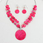 Layered Beads Statement Fashion Necklace Chunky Jewelry Set Big Colorful Glass Stone Circle Shell Pendant Choker Necklace and Earring Set for Women - color: Hot pink