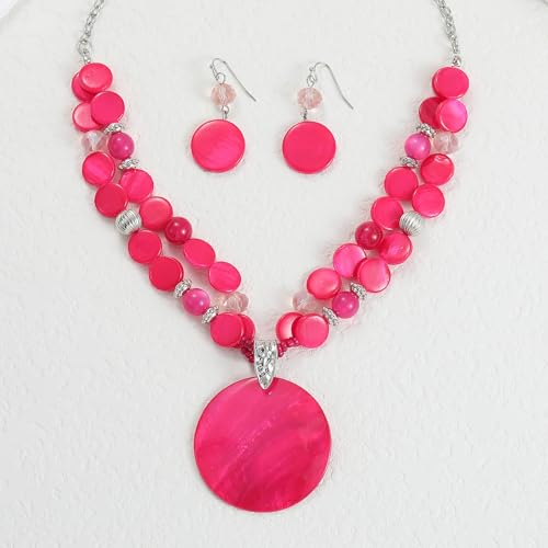 Layered Beads Statement Fashion Necklace Chunky Jewelry Set Big Colorful Glass Stone Circle Shell Pendant Choker Necklace and Earring Set for Women - color: Hot pink