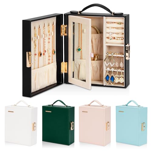Enthralite Large Travel Jewelry Case: Portable Jewelry Box with Mirror - PU Leather Small Jewelry Organizer for Rings Earrings Necklaces Bracelets - Birthday Gift for Her - Jewelry Storage - color: Black
