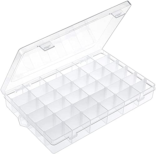 OUTUXED 36 Grids Clear Plastic Organizer Box with Adjustable Compartment Dividers Rock Collection Box for Bead, Nails, Jewelry, Art, DIY Crafts, Fishing Tackle, Small Items Organizers and Storage - color: 1 Pack
