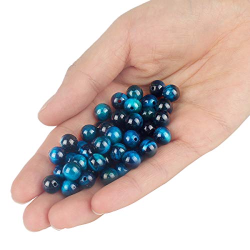 70PCS Natural 8MM Healing Gemstone, Blue Tiger’s Eye Energy Stone Round Loose Beads, Semi-Precious Crystal Beads with Free Elastic String for Jewelry Making DIY - color: Blue Tiger’s Eye, size: 8MM