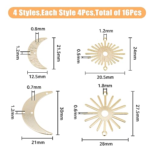 SUPERFINDINGS 16Pcs 4 Styles Moon Sun Connector Charms - Real 24K Gold Crescent Links With Double Hole - Brass Moon Sun Shaped Blank Links for DIY Earring Jewelry Making
