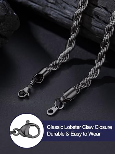 Bandmax Solid 1.5mm/2mm/3mm/6mm Rope Chains for Men Women 14K Gold Plated/Black Plated Stainless Steel Twist Chain 16-30 Inches, with Gift Box - color: 12 6MM Black