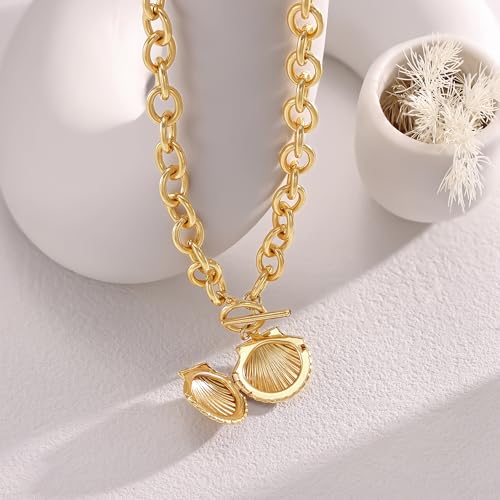 CHESKY 14K Gold Plated Chunky Necklace for Women, Trendy Paperclip Chain Necklace Thick Cross Heart Pendant Necklace Layered Herringbone Cuban Link Chain Toggle Necklaces Non Tarnish Jewelry - color: gold, style: shell