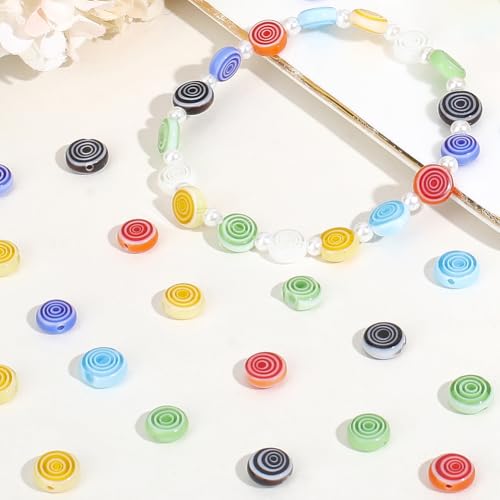 1 Box 180PCS 8MM Lampwork Glass Beads with Hole Handmade Flat Round Spiral Millefiori Mosaic Stripe Colorful Loose Spacer Bead Bulk for Jewelry Making Earrings Bracelets Necklace DIY Craft