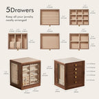 CHOSIN Black Walnut Wooden Jewelry Box, 360° Rotating Organizer with Glass Lid, 5 Drawers for Earrings, Rings, Necklaces – Vertical Jewelry Storage for Women Mothers Day Gifts for Mom - style: 360° Rotatable