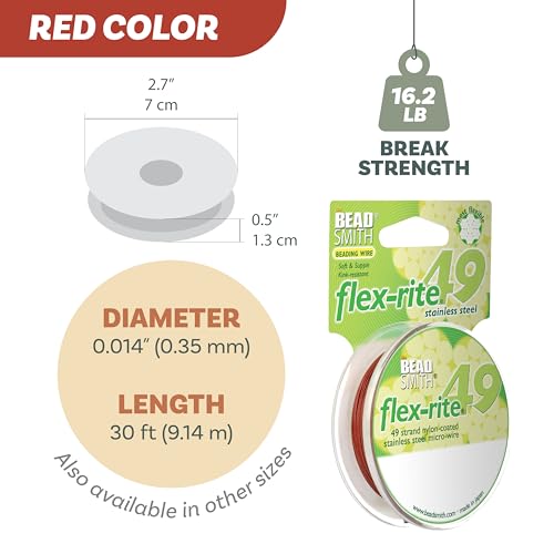 The Beadsmith Flex-Rite Beading Wire - 49-Strand Nylon-Coated Stainless-Steel Wire, 0.014" (0.35 mm) Dia, Red, 30 ft Spool, Durable Necklace & Bracelet String, for Jewelry Making Supplies - color: Red, size: .014” Dia - 30 ft
