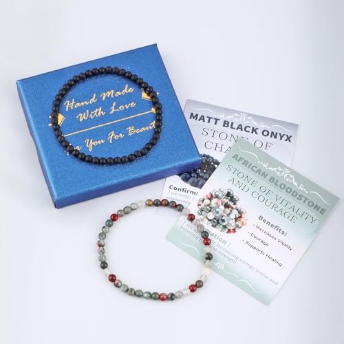 NCB 2.3-Piece 4mm Natural Crystal Gemstone Stretch Bracelets – Handmade Reiki Energy Healing Jewelry for Meditation,Yoga, Unisex - color: 2PCS ( African Bloodstone+Matte Black Agate ), size: 4mm