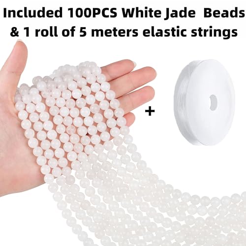 QINJIEJIE 100PCS White Jade Beads 8mm Natural Stone Beads Round Loose Gemstone Bead for Bracelet Beading Crystal Jewelry Making DIY Necklace Earrings 0.32" - color: White Jade, size: 100PCS