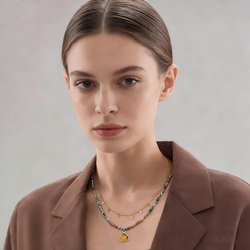 Plumiss Boho Handmade Natural Jasper Stone Beaded Crystal Mixed Strand Short Necklace for Women Girl - color: Tiger Eye Charm