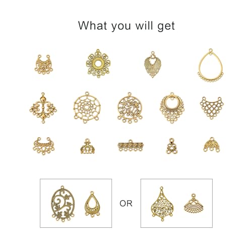 Bestewelry 64Pcs Tibetan Antique Gold Chandelier Charms 16 Styles Vintage Filigree Hollow Links Charms with Loops Findings for Dangle Earrings Connector Components Jewelry Making