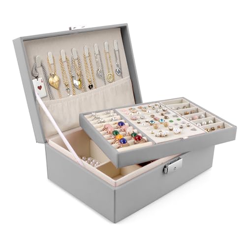 Homeanda Jewelry box 2 layer Jewelry box Leather Jewelry boxes for Women Girls Teens Jewelry organizer box Jewelry Storage box with lock(Grey) - color: Grey