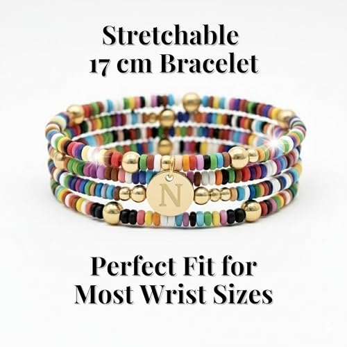 Set of 4 Colorful Bead Initial Bracelets, Personalized Stackable Jewelry, Adjustable Stretchy Charm Bracelets for Women, Beaded Bracelet Set, Trendy Custom Jewelry Gift - style: Colorful Bead - N